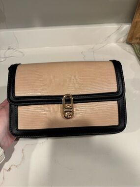 Women's Beige and Black Crossbody Bag with Gold Hardware